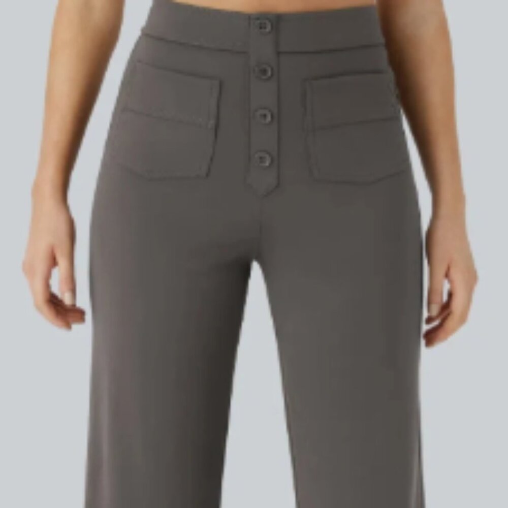 NEW! Halara High Waisted Button Pockets Straight Leg Casual Pants Size L Grey